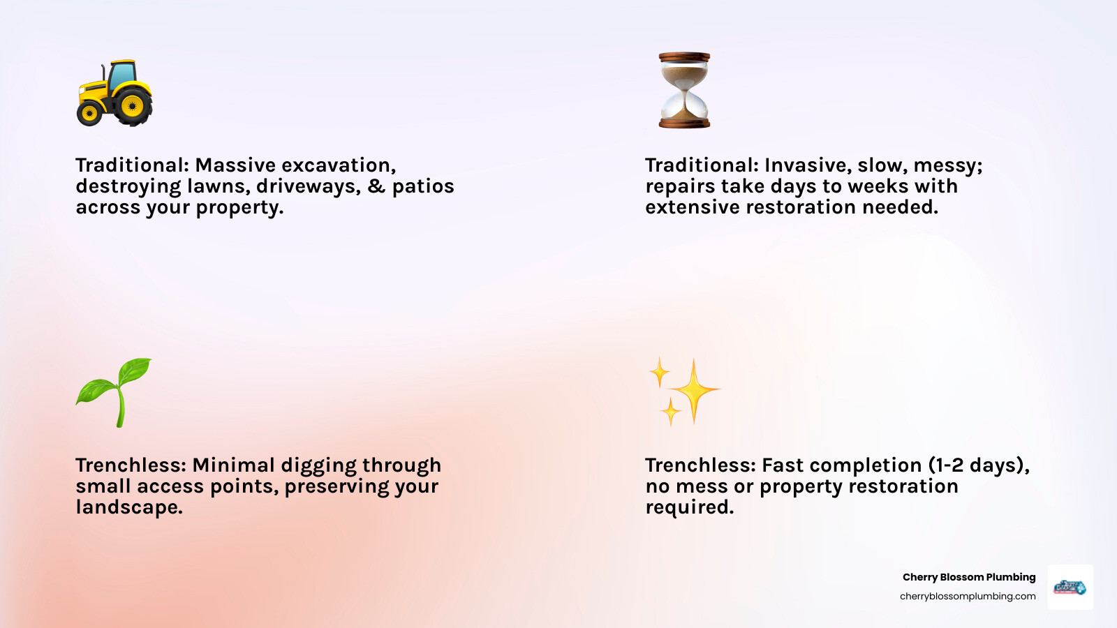 Detailed comparison infographic showing traditional trenching method with large excavated areas, heavy machinery, and landscape destruction versus trenchless repair method with minimal access points, specialized equipment, and preserved property landscaping - trenchless sewer repair northern virginia infographic 4_facts_emoji_light-gradient