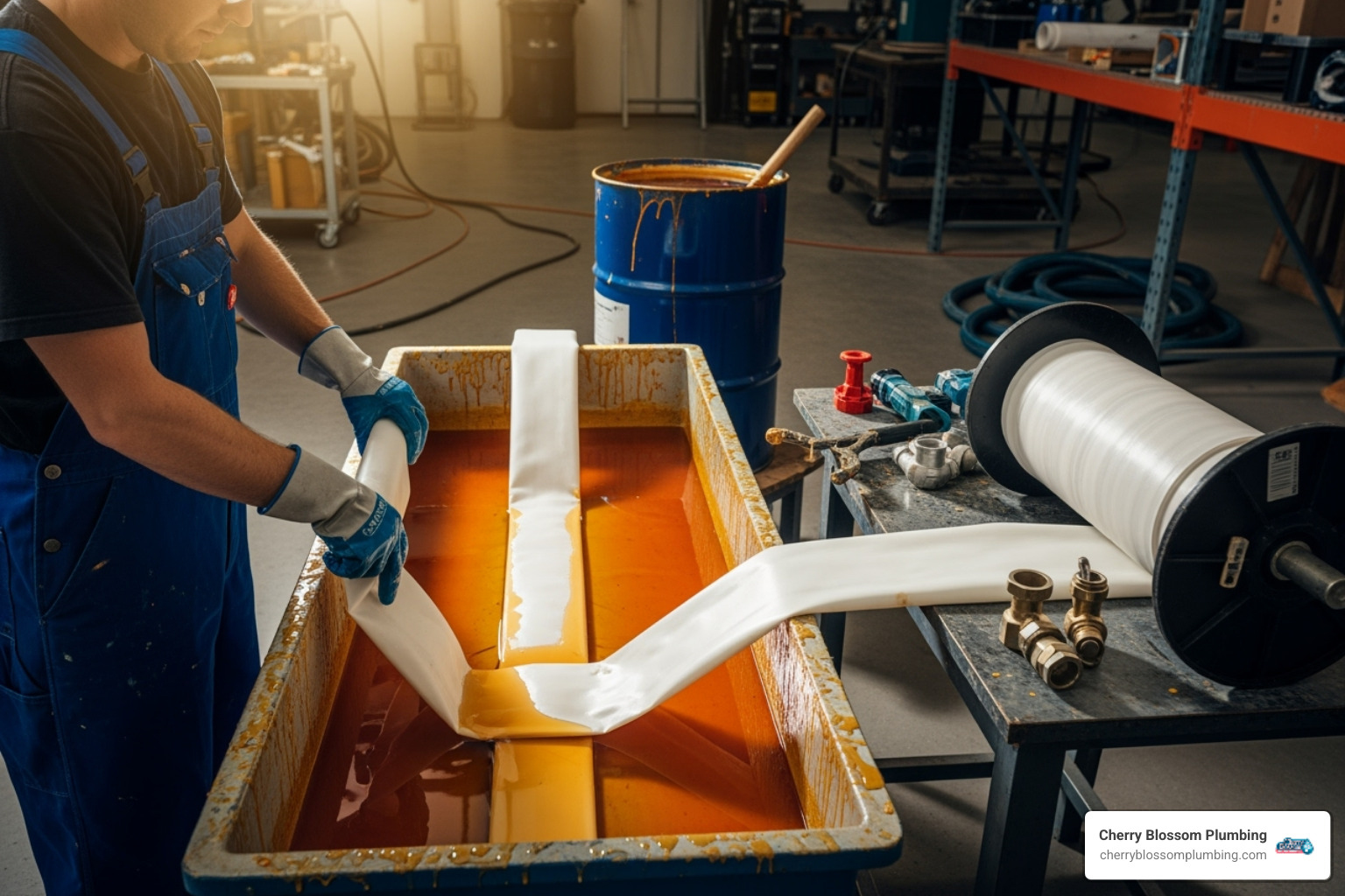 A flexible CIPP liner being prepared and soaked in epoxy resin before insertion into a damaged pipe - trenchless sewer repair northern virginia