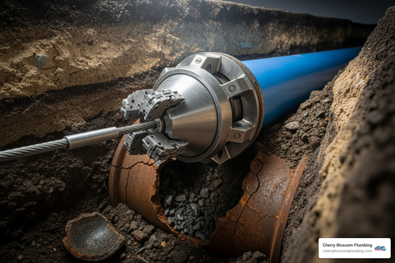 A pipe bursting head being pulled through an old pipe, with a new pipe following behind it - trenchless sewer repair northern virginia