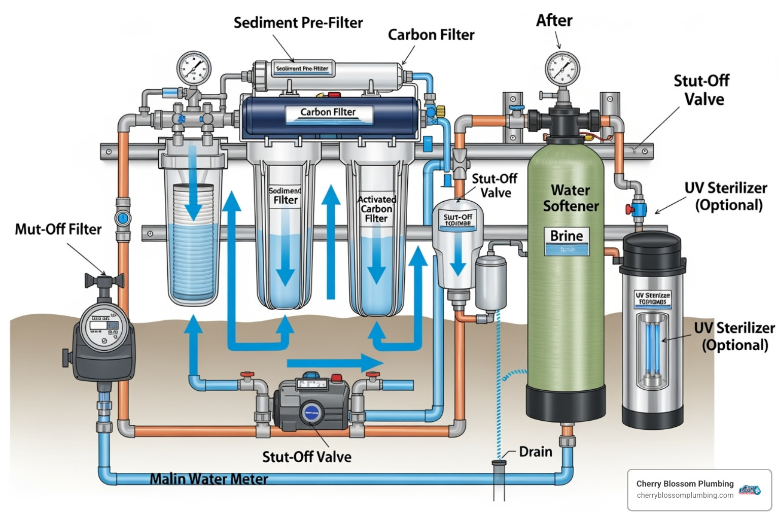 Diagram illustrating how a whole-house water filtration system is installed at the main water line, treating all water entering the home for various contaminants - pfas removal system arlington va