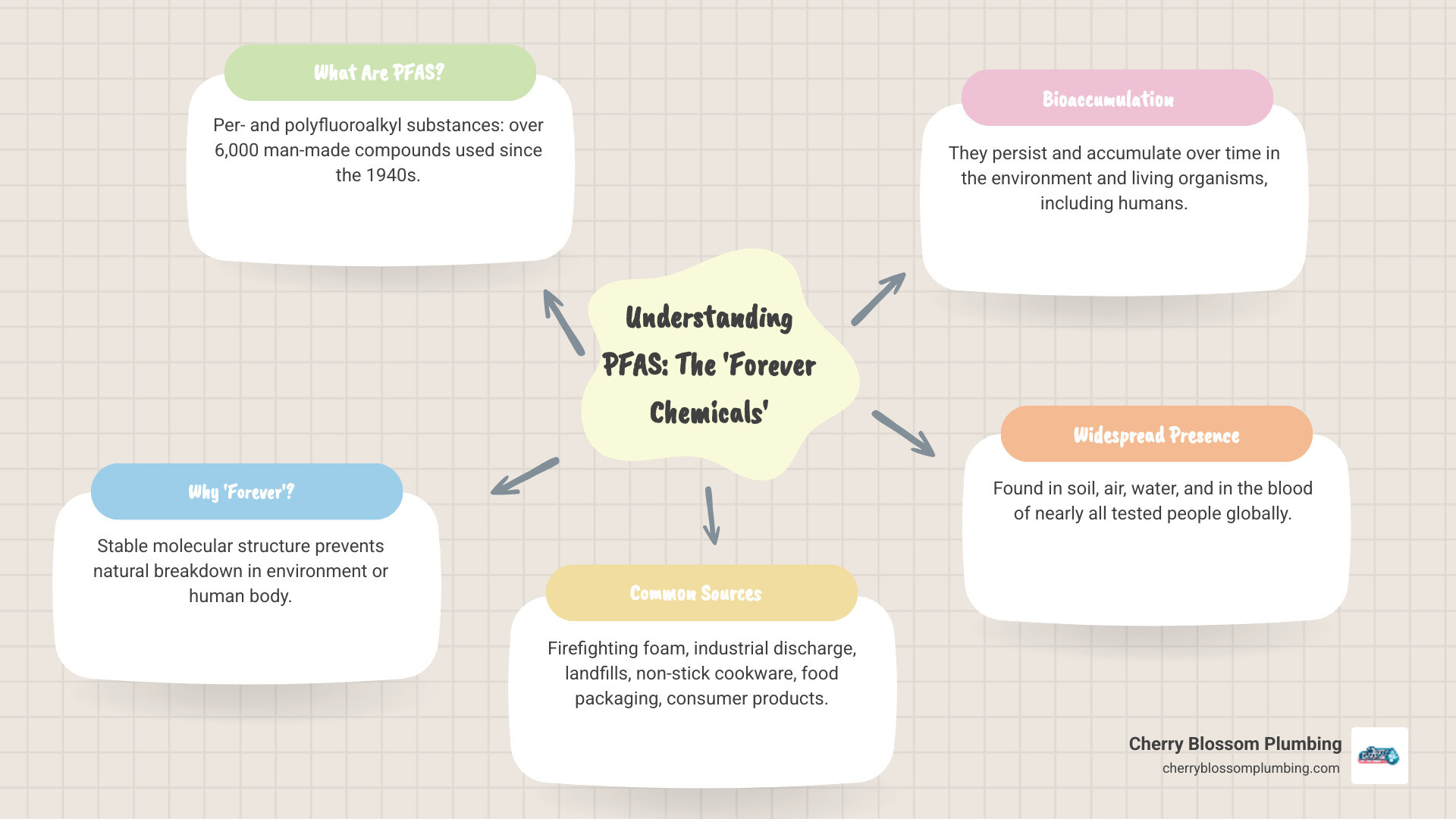 Infographic showing PFAS sources including non-stick cookware, food packaging, firefighting foam, and industrial processes, with arrows indicating how these forever chemicals enter water supplies and accumulate in the human body - pfas removal system northern va infographic mindmap-5-items