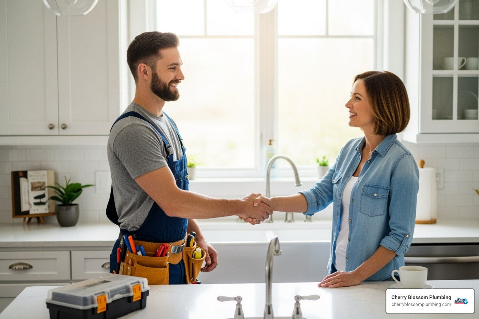 Friendly plumber shaking hands with a happy homeowner in their kitchen - pfas removal system northern va