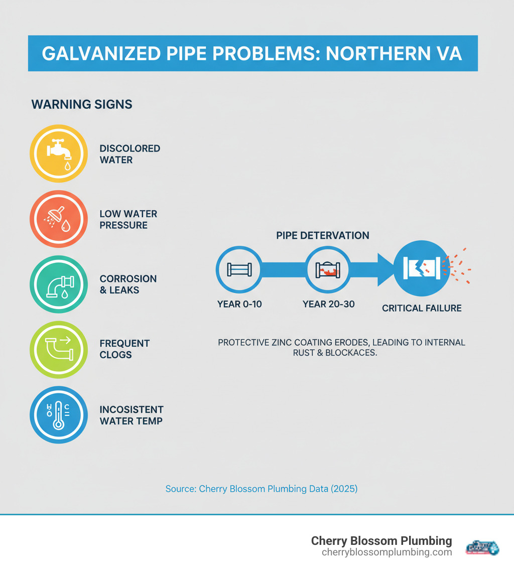 Infographic showing the top 5 warning signs of failing galvanized pipes including discolored water, low water pressure, visible corrosion and leaks, frequent clogs, and inconsistent water temperature with timeline of pipe deterioration over 40-50 years - galvanized pipe problems northern va infographic 