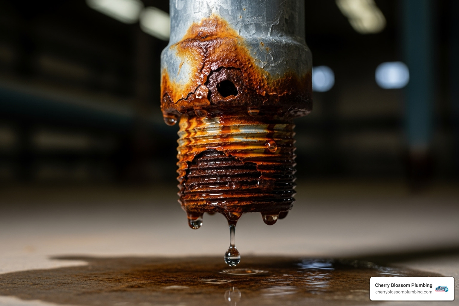A close-up image of a severely corroded and leaking galvanized pipe joint with rust stains - galvanized pipe problems northern va