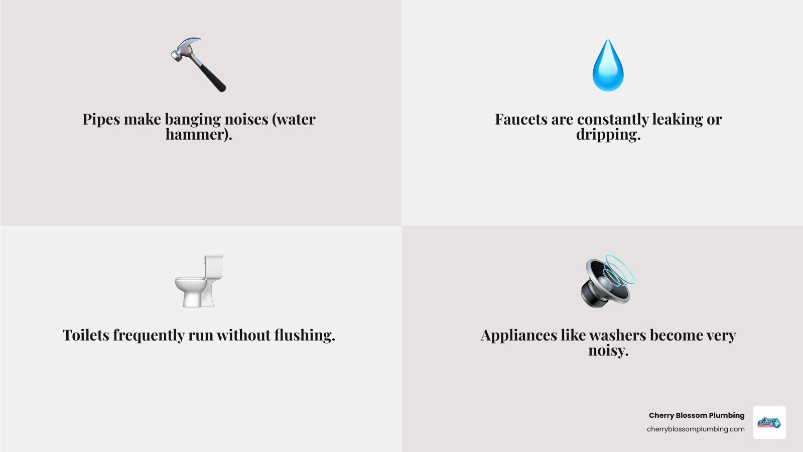 Infographic showing the top 5 warning signs of high water pressure in homes: water hammer sounds from pipes, constantly dripping faucets even after repair, toilets that run continuously, washing machines and dishwashers making loud noises during operation, and hot water running out faster than normal - high water pressure infographic 4_facts_emoji_grey