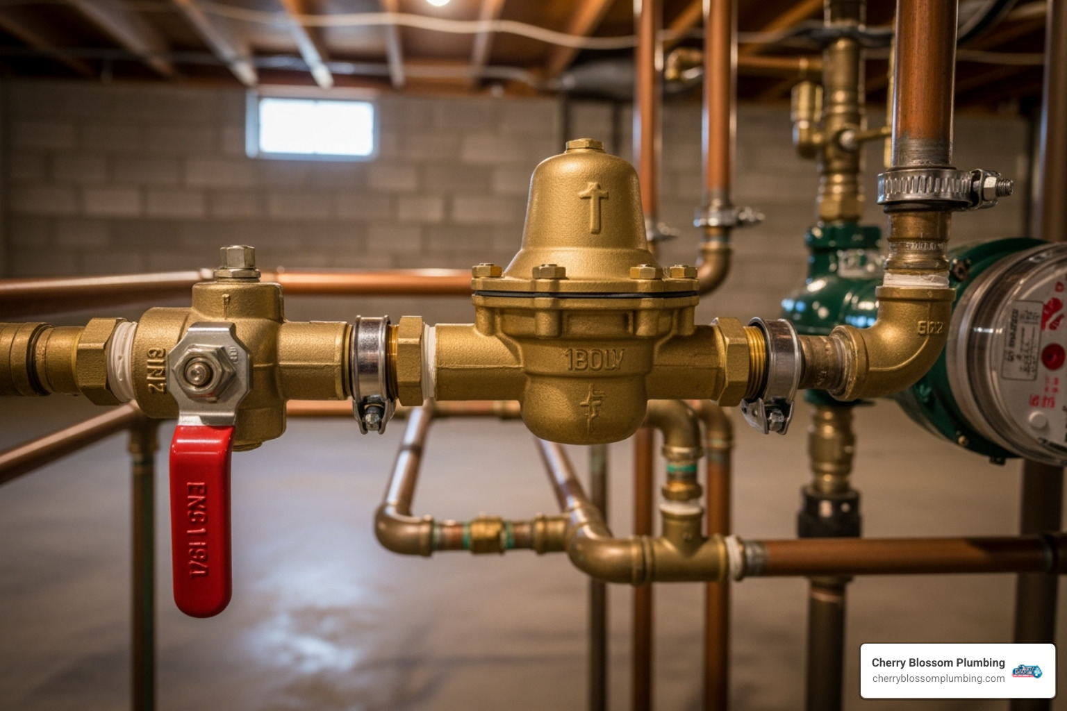 Bell-shaped water pressure regulator (PRV) installed on a copper pipe near a main water shutoff valve - high water pressure