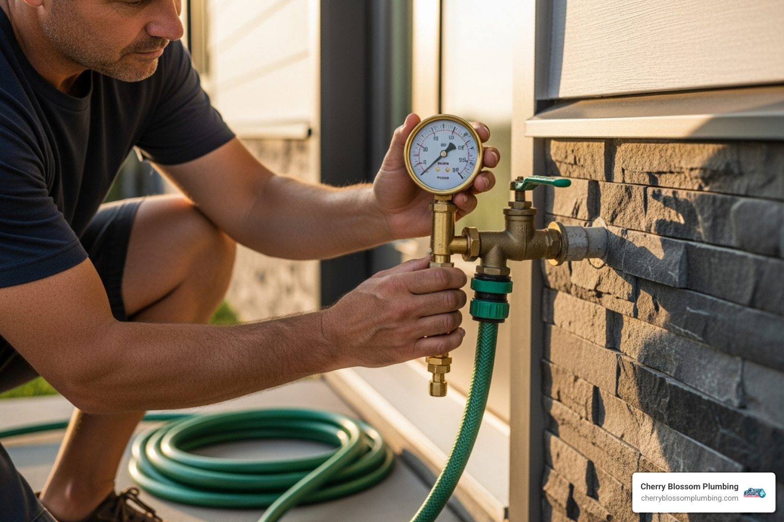 Homeowner attaching a water pressure gauge to an outdoor hose bib - high water pressure