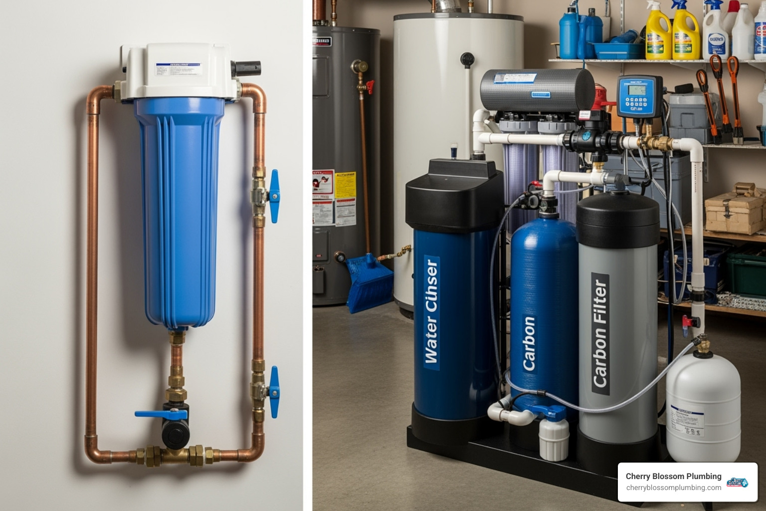 An image contrasting a simple, single-cartridge whole house water filter with a more complex multi-tank whole house water filtration system, showing the different components and sizes - whole house water filtration