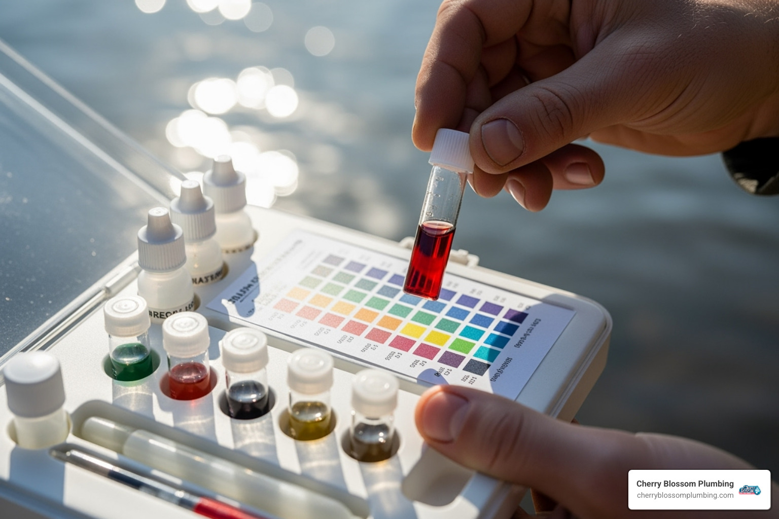 An image of a hand holding a water testing kit, showing different vials and color charts, symbolizing the importance of testing water quality before choosing a filter - whole house water filtration