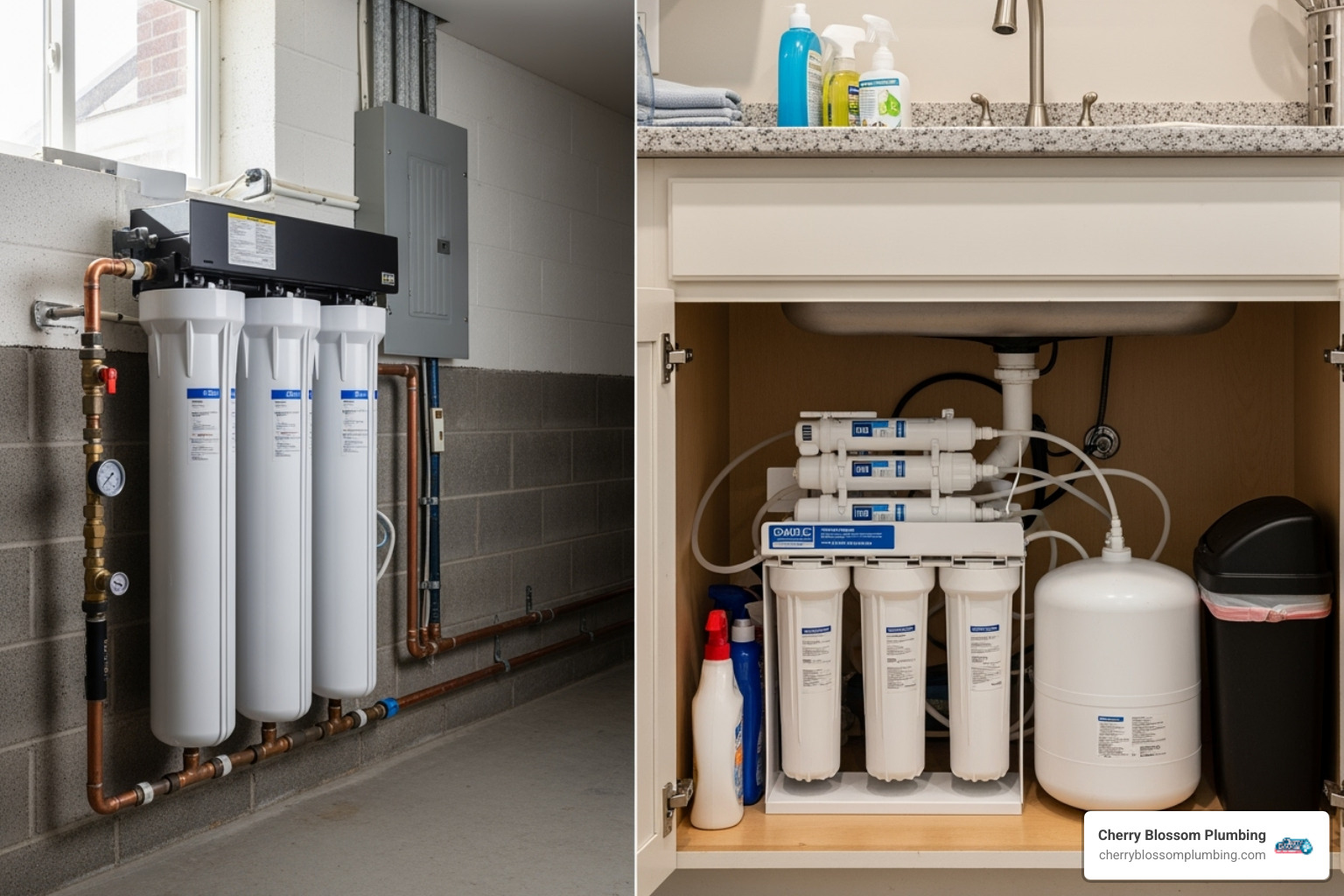 An image illustrating the difference between a whole house water filtration system installed at the main entry point of a home and a smaller reverse osmosis system installed under a kitchen sink - whole house water filtration