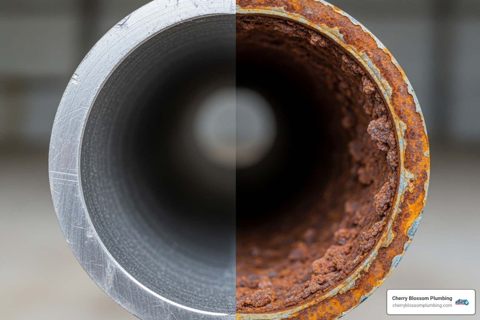 A comparison image showing a cross-section of a clean, new pipe on one side and a pipe heavily corroded and scaled with mineral buildup on the other - whole house water filtration