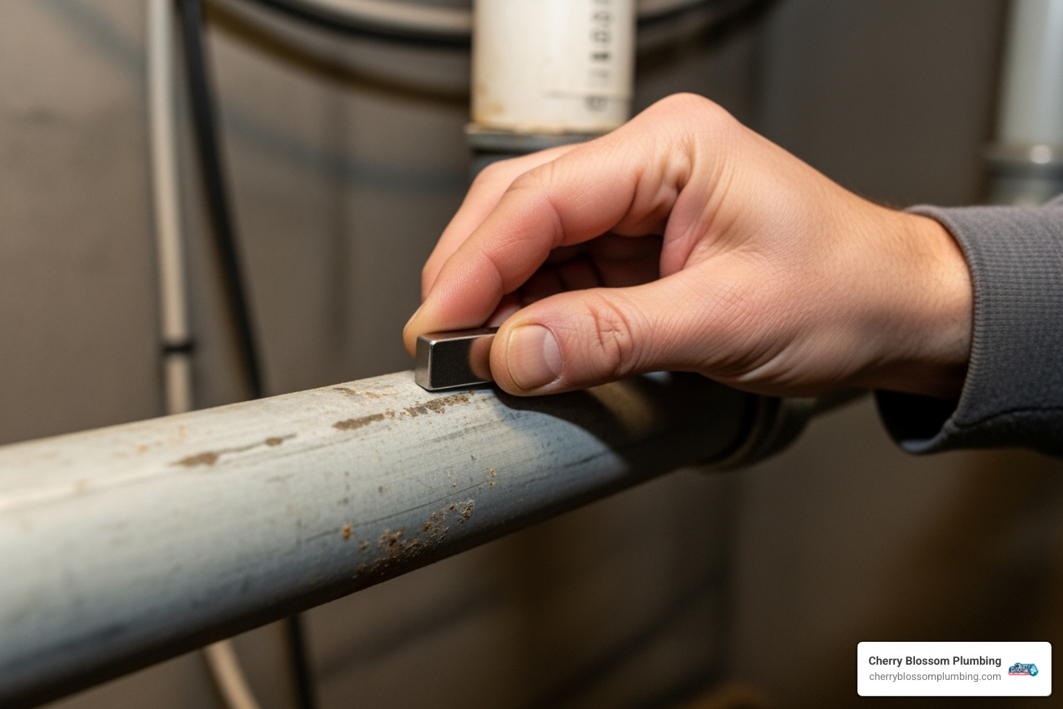 homeowner holding magnet to pipe - galvanized pipe problems arlington va homeowner holding magnet to pipe - galvanized pipe problems arlington va