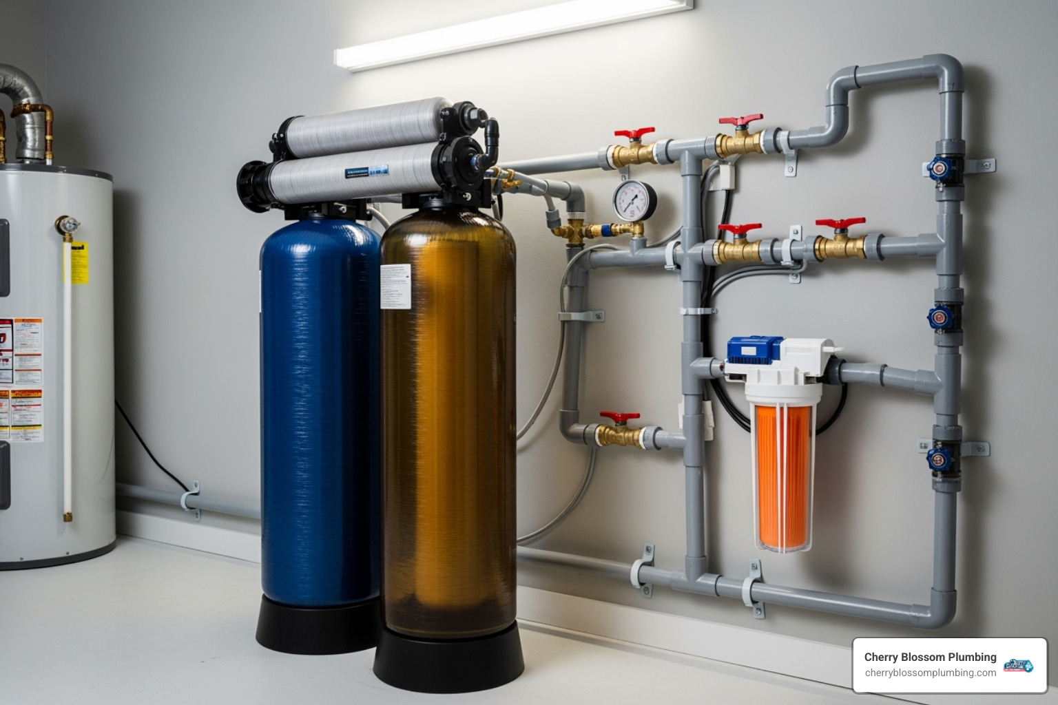 Whole-house water filtration system neatly installed in a utility room, showing various tanks and pipes - pfas removal system Whole-house water filtration system neatly installed in a utility room, showing various tanks and pipes - pfas removal system