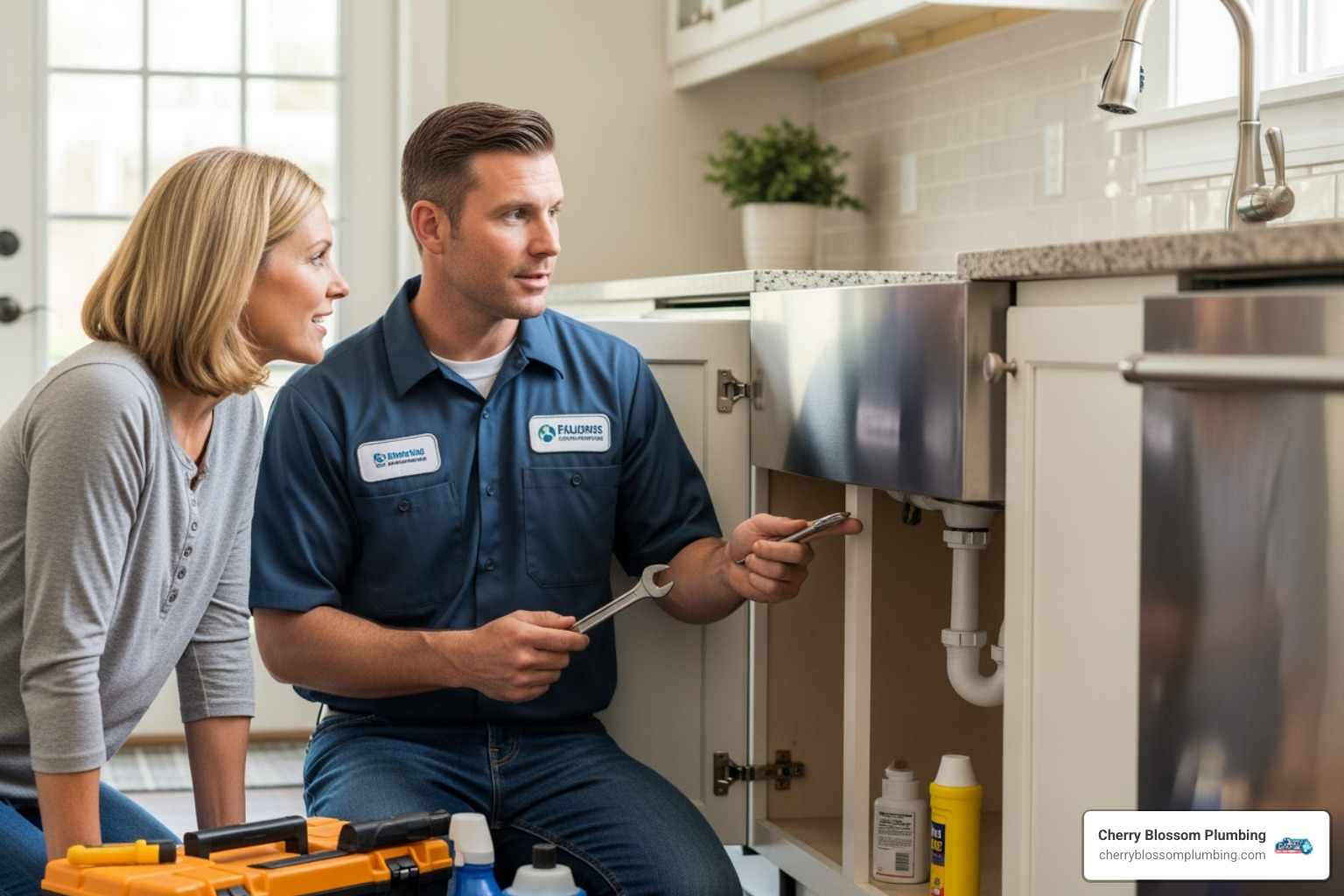 professional uniformed plumber discussing a repair with a homeowner - emergency plumber arlington va
