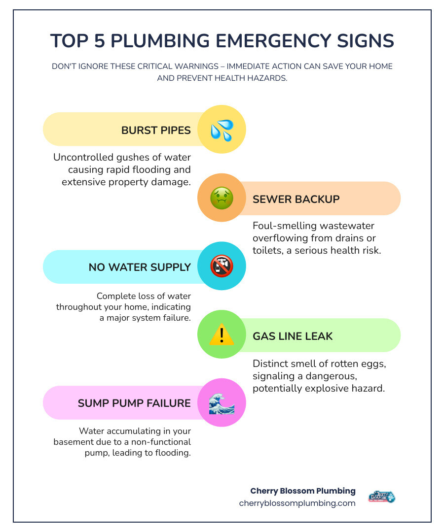 Infographic showing the top 5 signs of a plumbing emergency: burst pipes with water spraying, sewage backup in toilet, no water coming from faucets, gas leak with warning symbols, and flooded basement with failed sump pump - emergency plumber arlington va infographic infographic-line-5-steps-colors