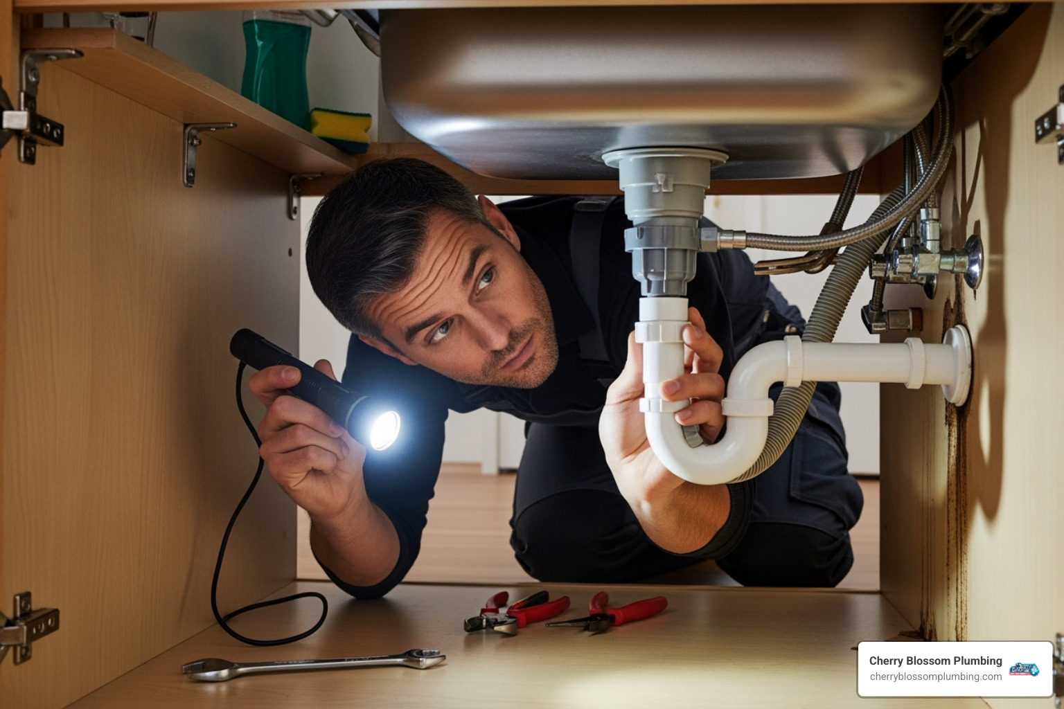 Plumber inspecting a dishwasher drain hose connection under a kitchen sink - dishwasher drain repair arlington va Plumber inspecting a dishwasher drain hose connection under a kitchen sink - dishwasher drain repair arlington va