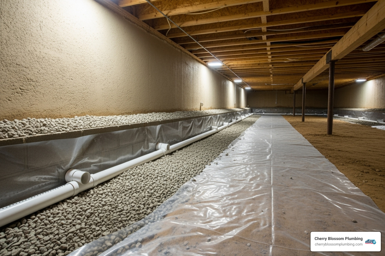 newly installed interior French drain system in a clean crawl space - crawl space drainage repair arlington