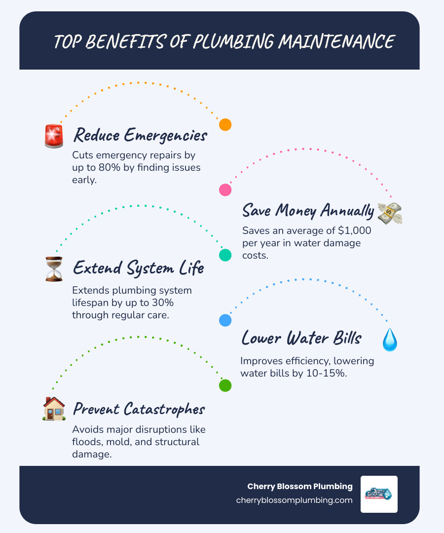 Infographic showing the five key benefits of preventive plumbing maintenance: 1. Reduces emergency repairs by 80%, 2. Saves $1,000 annually on water damage costs, 3. Extends system lifespan by 30%, 4. Lowers water bills 10-15%, 5. Prevents catastrophic failures like burst pipes and flooding - preventive plumbing maintenance northern va infographic infographic-line-5-steps-blues-accent_colors Infographic showing the five key benefits of preventive plumbing maintenance: 1. Reduces emergency repairs by 80%, 2. Saves $1,000 annually on water damage costs, 3. Extends system lifespan by 30%, 4. Lowers water bills 10-15%, 5. Prevents catastrophic failures like burst pipes and flooding - preventive plumbing maintenance northern va infographic infographic-line-5-steps-blues-accent_colors