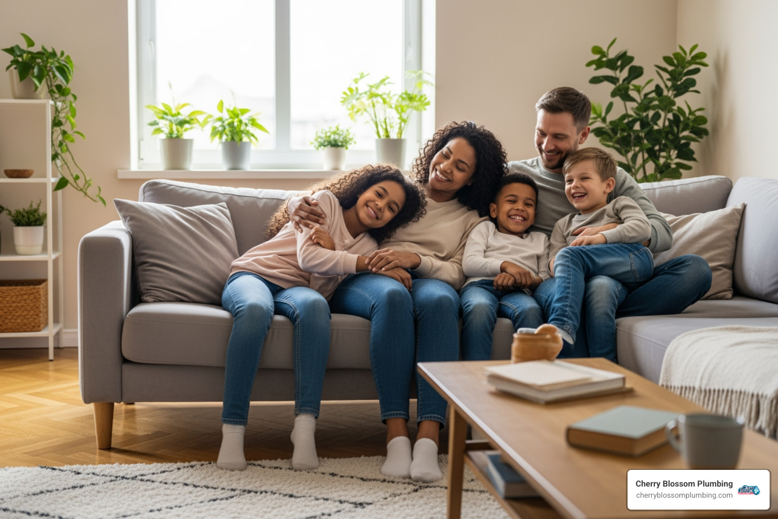 A family smiling in their home, conveying the peace of mind that comes from a well-maintained plumbing system. - preventive plumbing maintenance northern va A family smiling in their home, conveying the peace of mind that comes from a well-maintained plumbing system. - preventive plumbing maintenance northern va