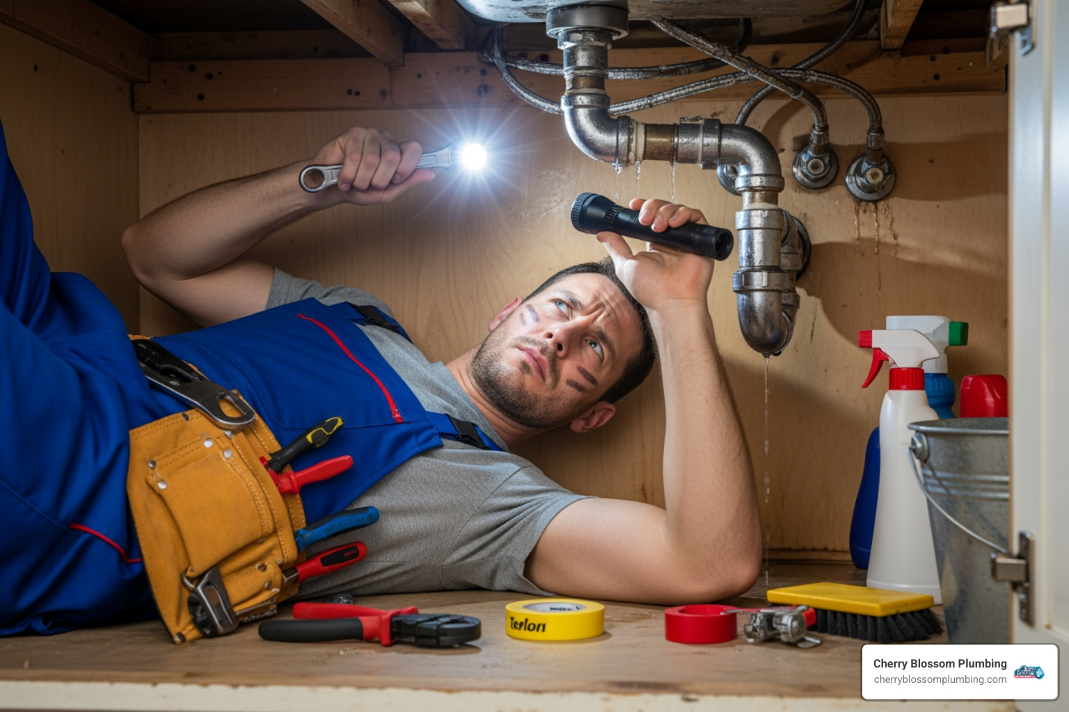 A plumber inspecting pipes under a sink with a flashlight, highlighting the need for professional checks. - preventive plumbing maintenance northern va A plumber inspecting pipes under a sink with a flashlight, highlighting the need for professional checks. - preventive plumbing maintenance northern va