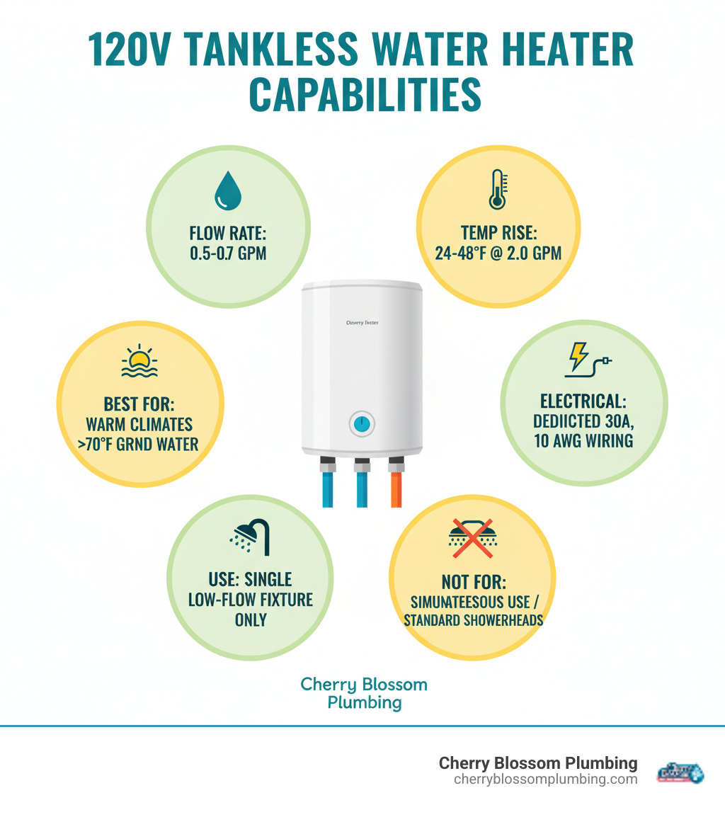 Infographic showing 120V tankless water heater capabilities: flow rate of 0.5-0.7 GPM, temperature rise of 24-48°F at 2.0 GPM, best for warm climates with groundwater above 70°F, requires dedicated 30A circuit with 10 AWG wiring, suitable for single low-flow fixture only, not recommended for simultaneous use or standard showerheads - 120 volt tankless water heater for shower infographic Infographic showing 120V tankless water heater capabilities: flow rate of 0.5-0.7 GPM, temperature rise of 24-48°F at 2.0 GPM, best for warm climates with groundwater above 70°F, requires dedicated 30A circuit with 10 AWG wiring, suitable for single low-flow fixture only, not recommended for simultaneous use or standard showerheads - 120 volt tankless water heater for shower infographic