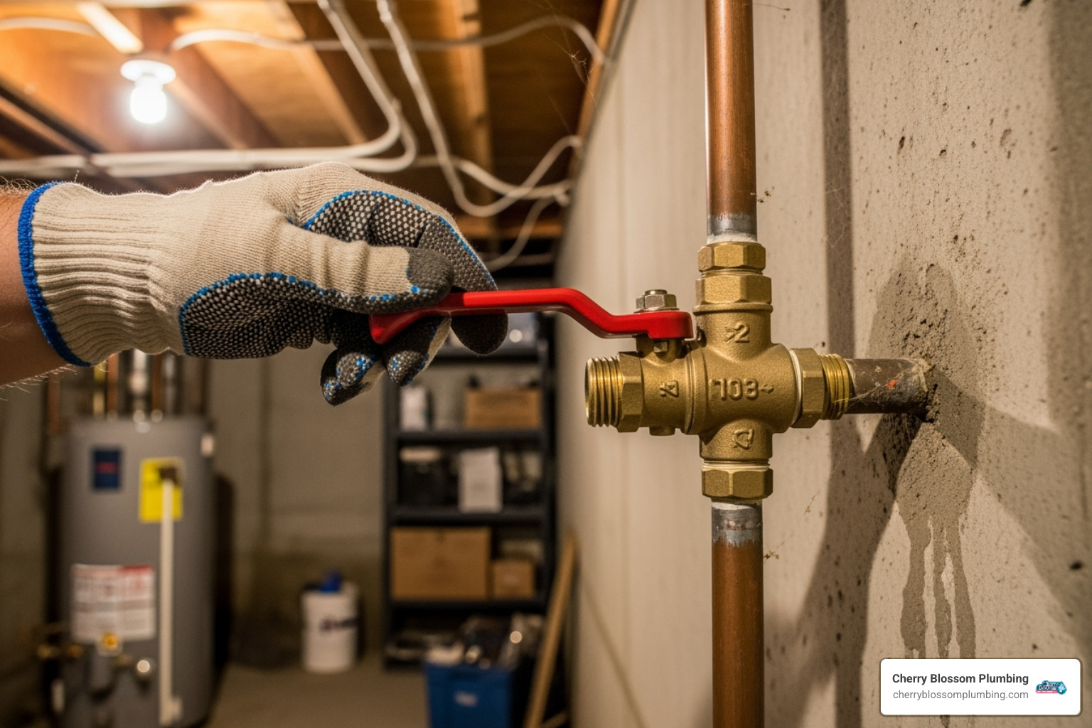 Hand turning a main water shut-off valve - emergency plumbing repair service Hand turning a main water shut-off valve - emergency plumbing repair service