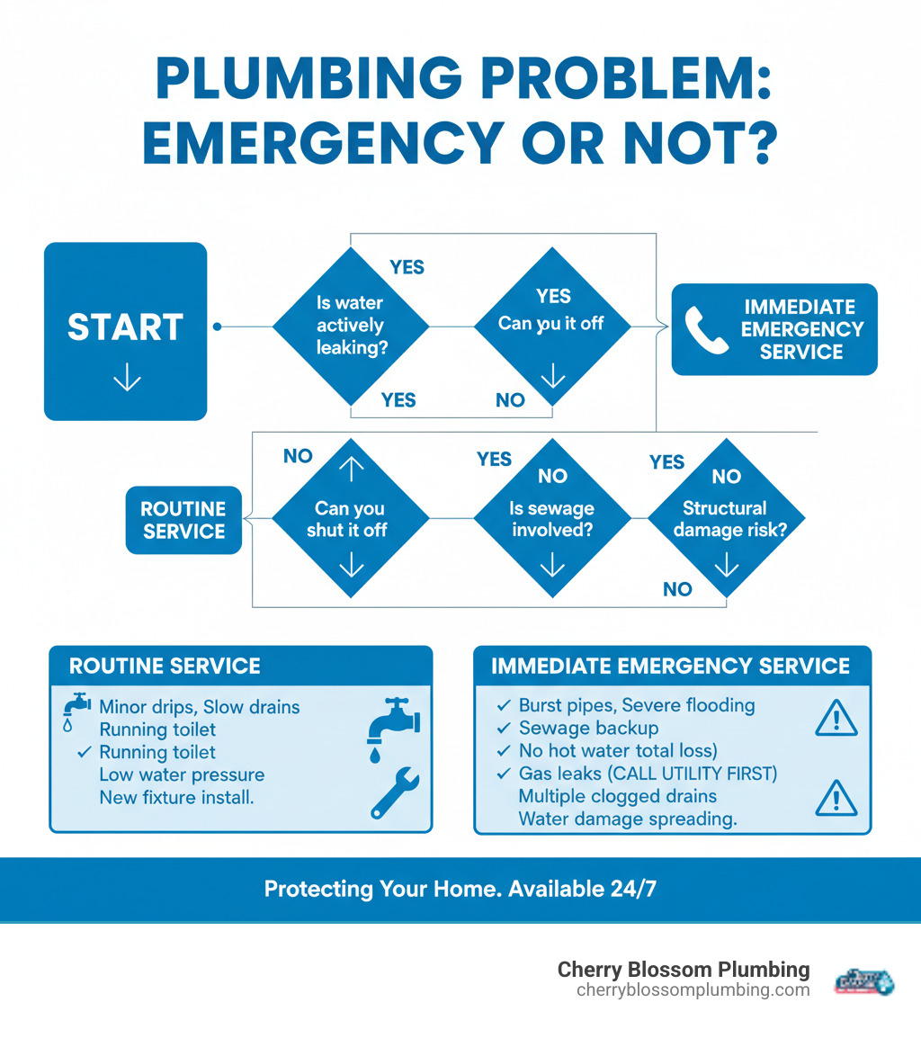 Infographic showing the difference between a minor plumbing issue and a true emergency, including decision tree with questions like 'Is water actively leaking?', 'Can you shut it off?', 'Is sewage involved?', 'Is there structural damage risk?', and clear indicators for when to call emergency vs. routine service - emergency plumbing repair service infographic Infographic showing the difference between a minor plumbing issue and a true emergency, including decision tree with questions like 'Is water actively leaking?', 'Can you shut it off?', 'Is sewage involved?', 'Is there structural damage risk?', and clear indicators for when to call emergency vs. routine service - emergency plumbing repair service infographic