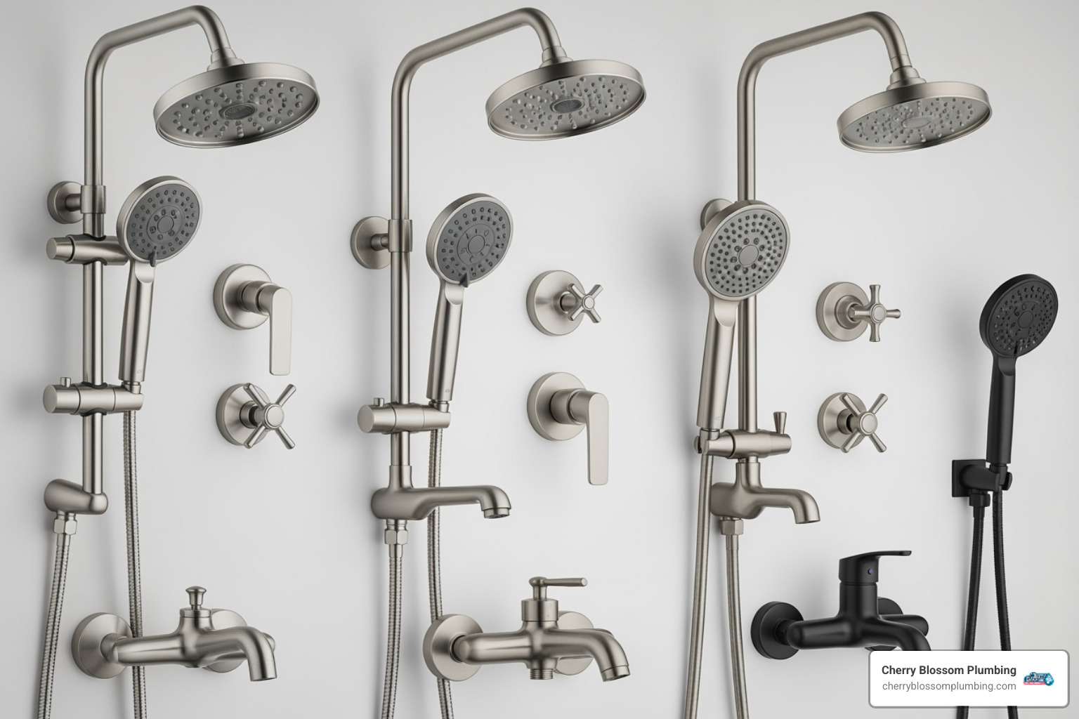 variety of shower faucet styles and finishes like chrome, brushed nickel, and matte black - shower faucet replacement fairfax