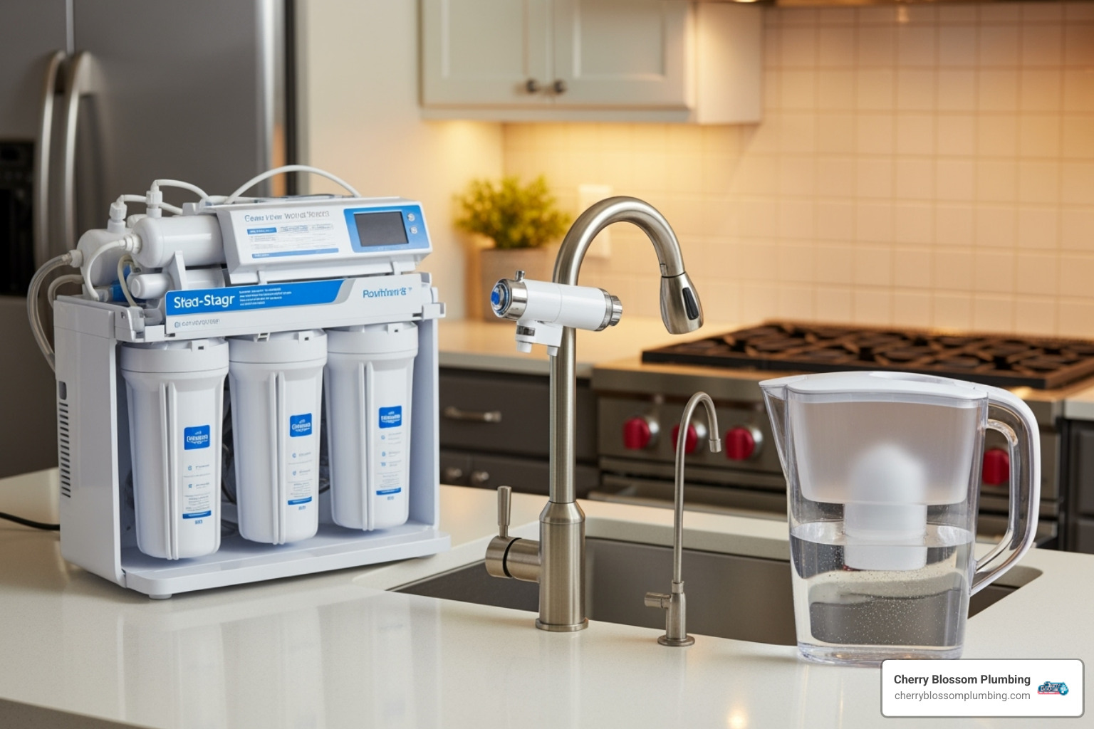 Image of the three main POU filter types: under-sink, faucet-mounted, and a water pitcher - point of use water filter arlington va