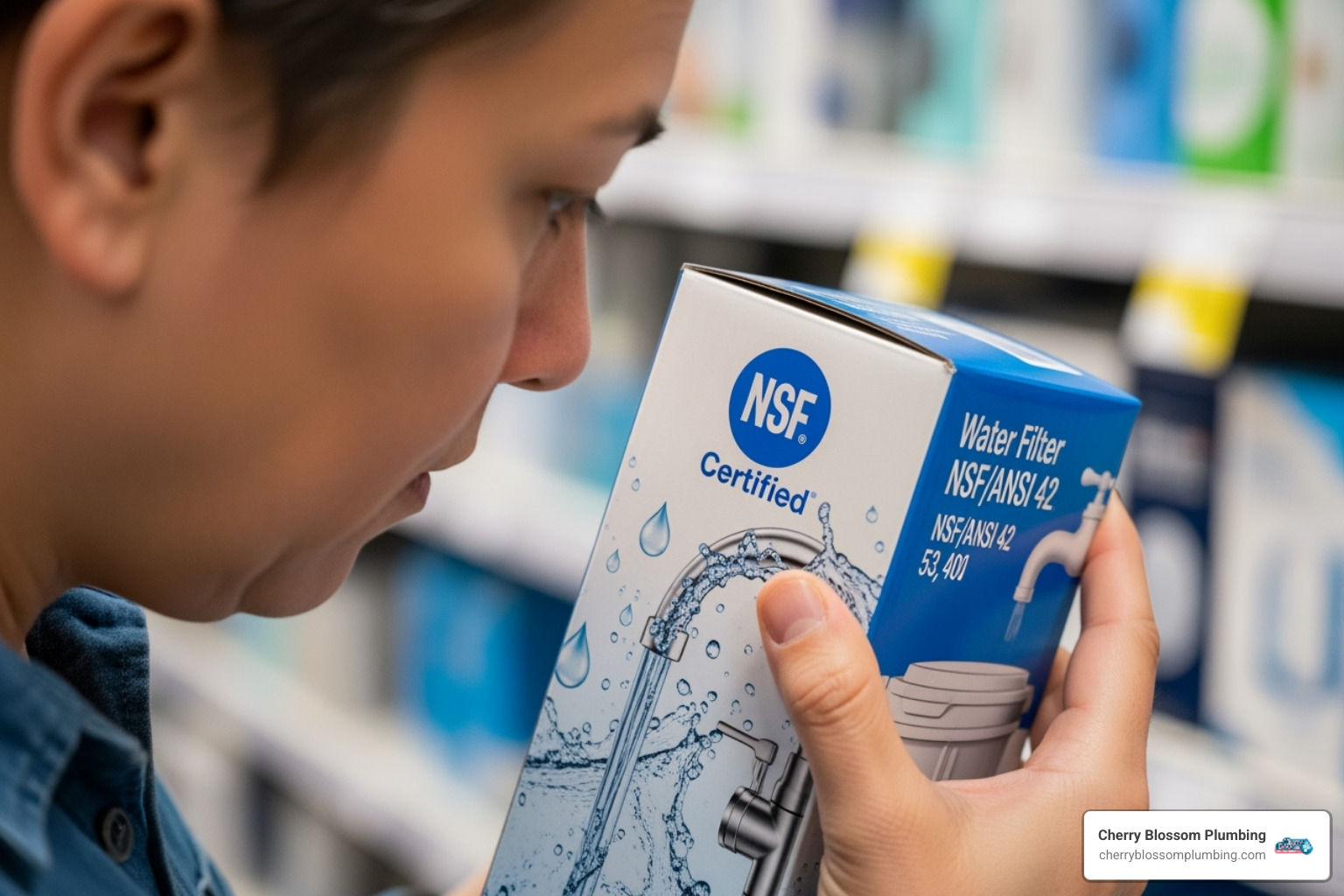 Image of a person examining an NSF certification label on a water filter box - point of use water filter arlington va