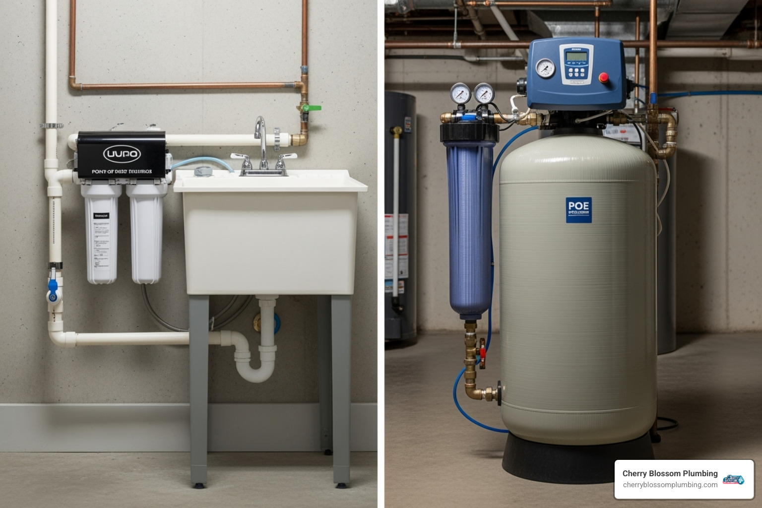 Image comparing an under-sink POU filter to a large whole-house filtration tank - point of use water filter arlington va