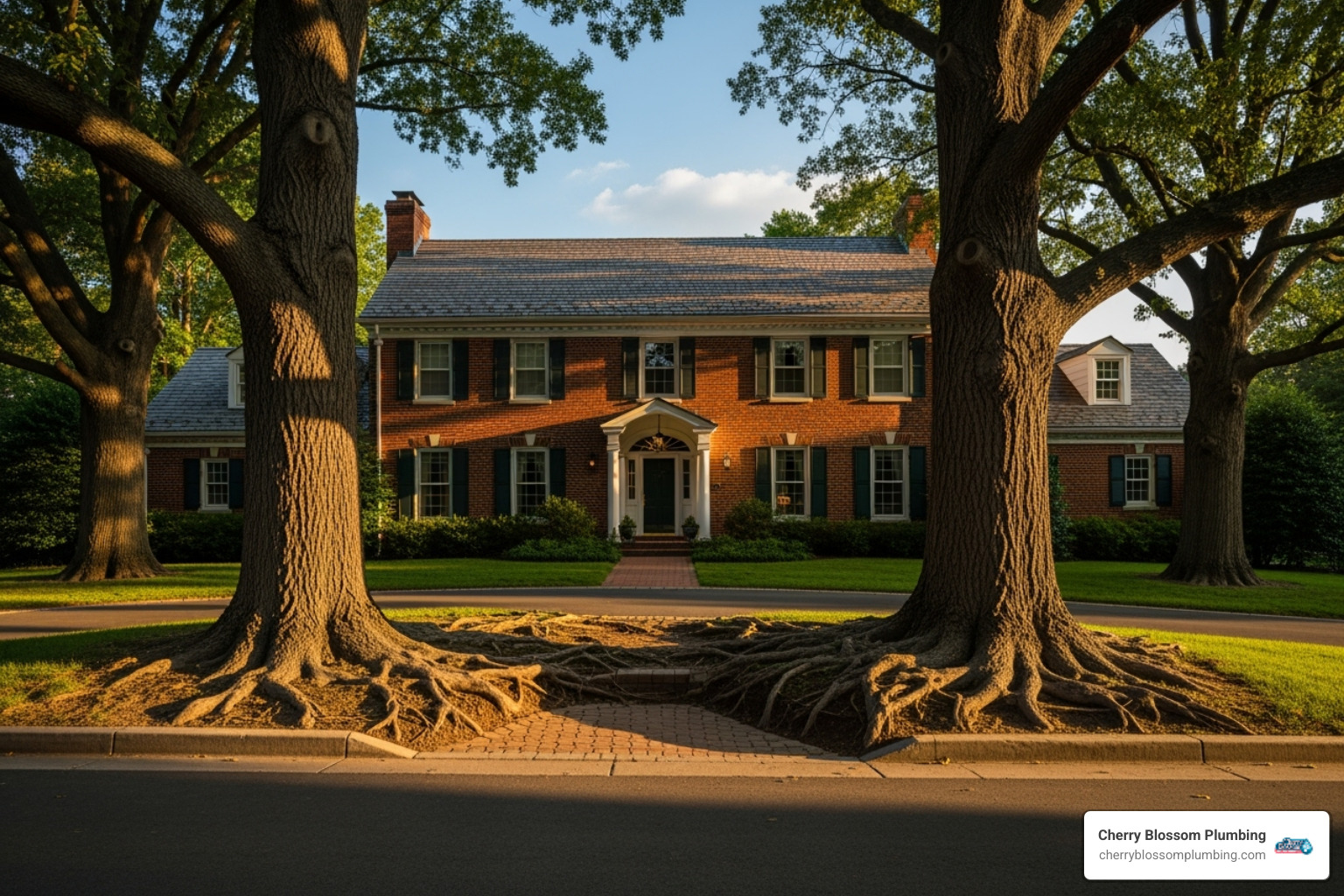 Beautiful Northern Virginia home with mature trees, hinting at potential root problems - hydro jetting northern virginia