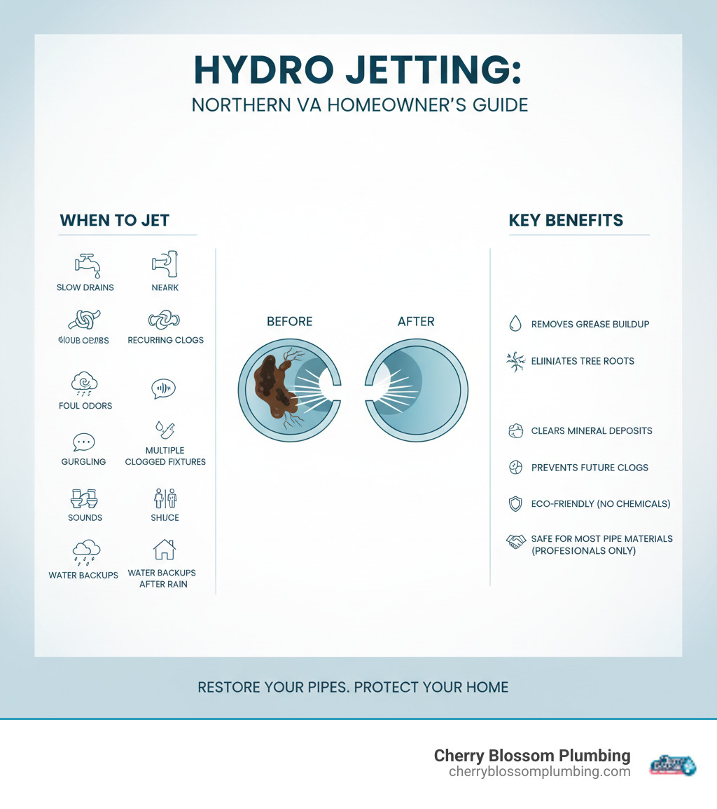Infographic showing when homeowners need hydro jetting: slow drains, recurring clogs, foul odors, gurgling sounds, multiple clogged fixtures, and water backups after rain. Includes a visual comparison of a pipe before hydro jetting (clogged with grease and debris) and after hydro jetting (clean interior walls). Lists key benefits: removes grease buildup, eliminates tree roots, clears mineral deposits, prevents future clogs, eco-friendly process with no chemicals, safe for most pipe materials when done by professionals. - hydro jetting northern virginia infographic 