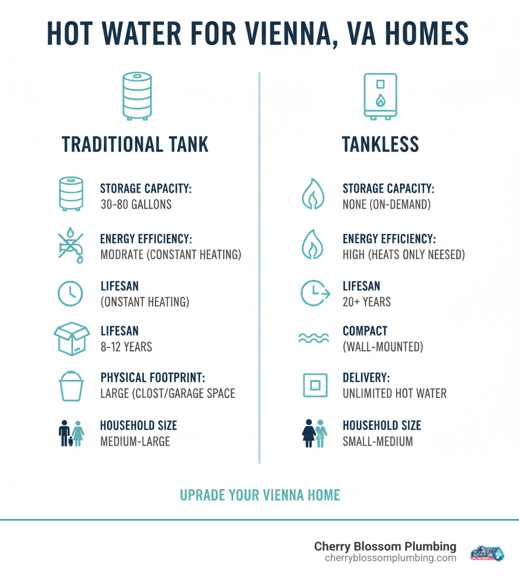 Infographic comparing traditional tank water heaters versus modern tankless water heaters, showing key differences in storage capacity, energy efficiency, lifespan expectations, physical footprint, hot water delivery method, and suitability for different household sizes in Vienna VA homes - water heater installation vienna va infographic 