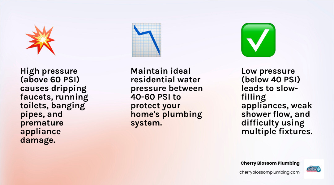 Infographic showing symptoms of failing water pressure regulator: high water pressure causes dripping faucets, running toilets, banging pipes, and appliance damage; low water pressure causes slow-filling appliances, weak shower flow, and difficulty using multiple fixtures at once; normal pressure should be 40-60 PSI - water pressure regulator repair infographic 3_facts_emoji_light-gradient