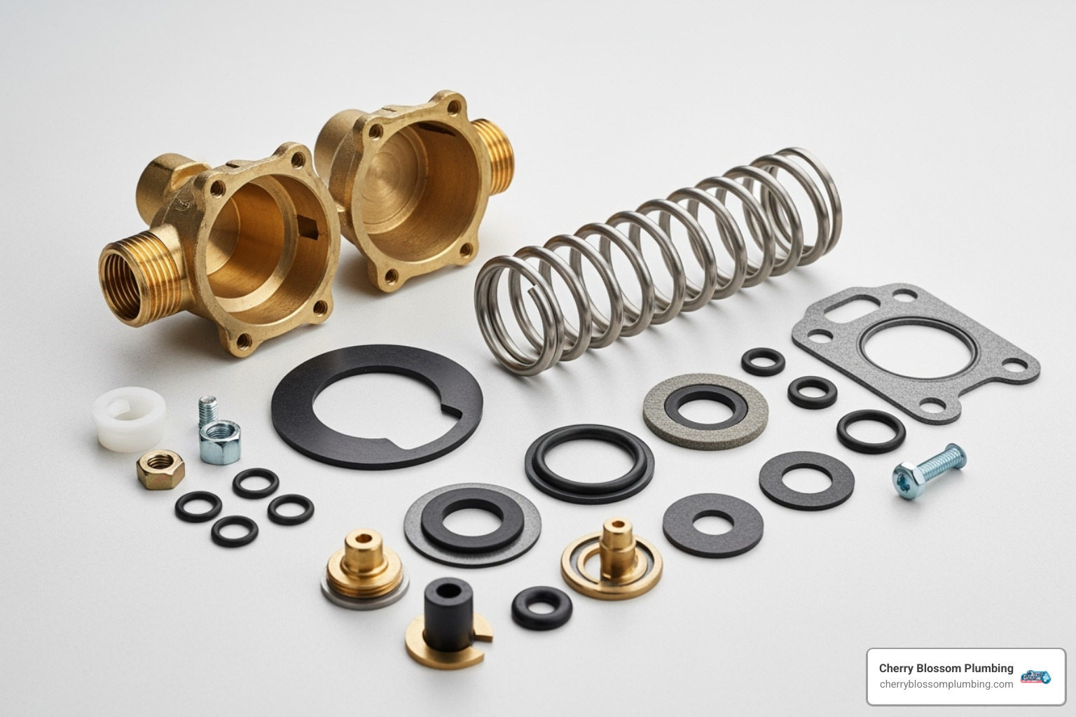 disassembled water pressure regulator showing internal components like the spring, diaphragm, and gaskets - water pressure regulator repair