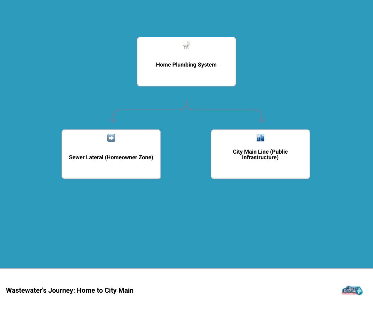Infographic showing the path of wastewater from home fixtures through the sewer lateral to the city main line, with labels for homeowner responsibility zone, property line, and city infrastructure - sewer line repair alexandria va infographic hierarchy