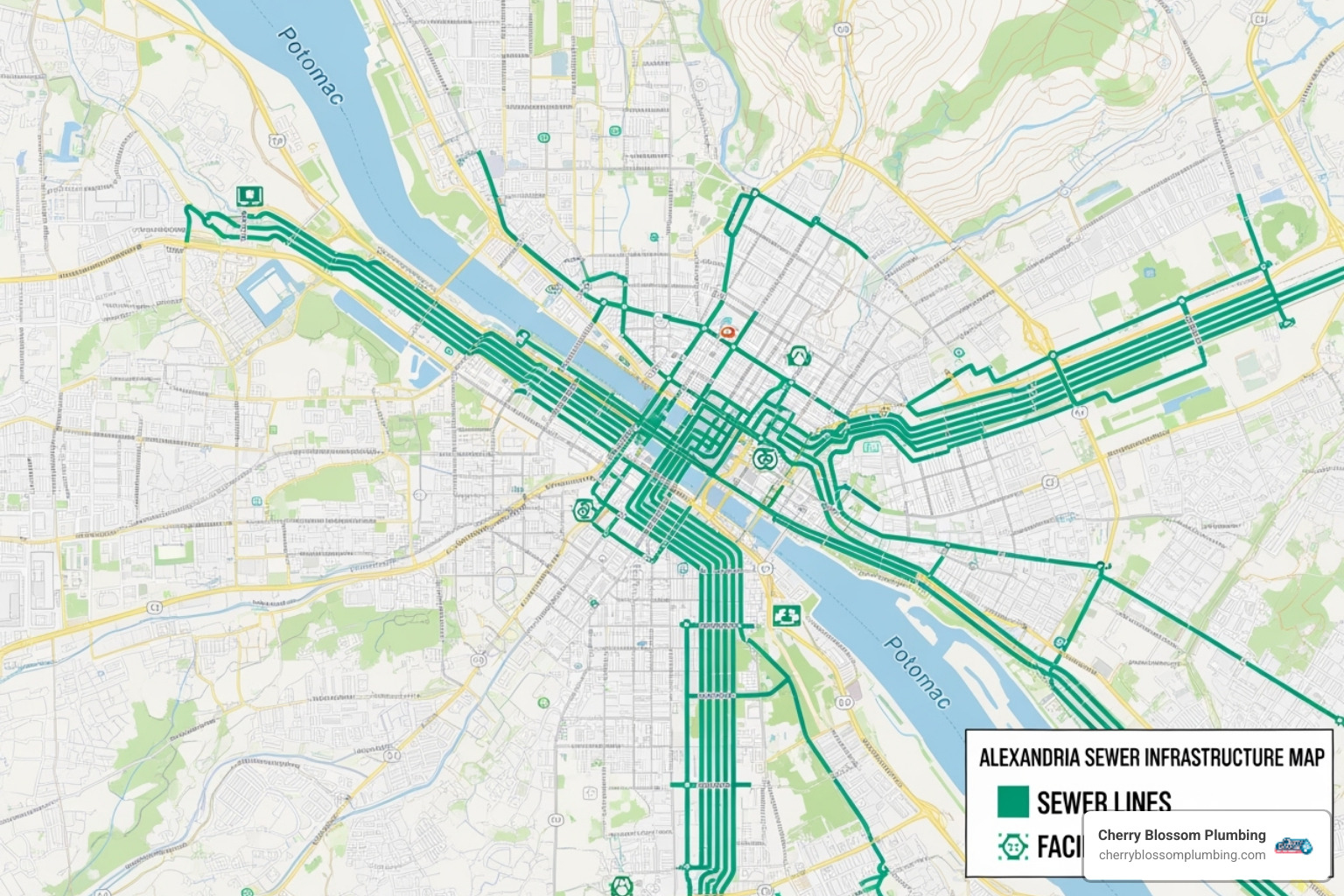 a city map of Alexandria highlighting sewer infrastructure - sewer line repair alexandria va