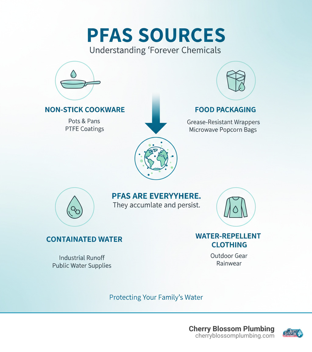 infographic showing PFAS sources including non-stick pans and food packaging - pfas reverse osmosis filter infographic 