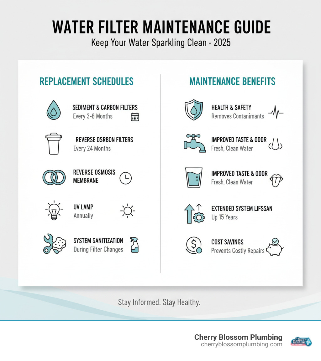 infographic showing filter replacement schedules and maintenance benefits for different water filtration system types - water filter maintenance infographic 