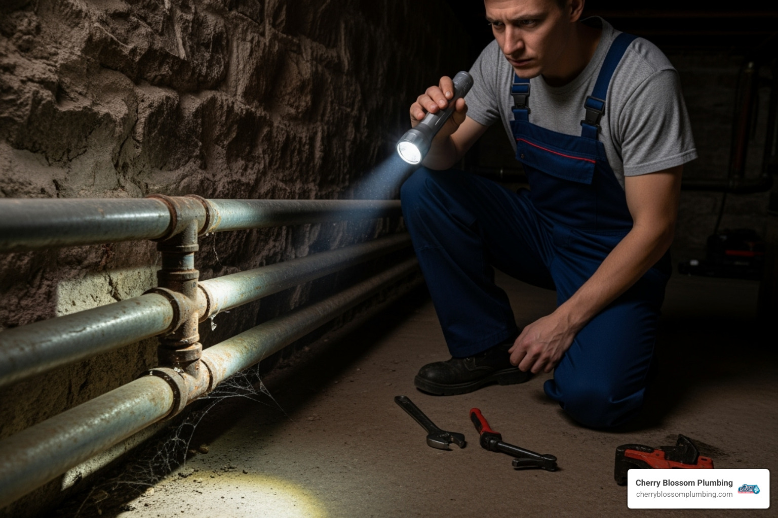 professional plumber inspecting pipes with a flashlight - galvanized pipe repair arlington va