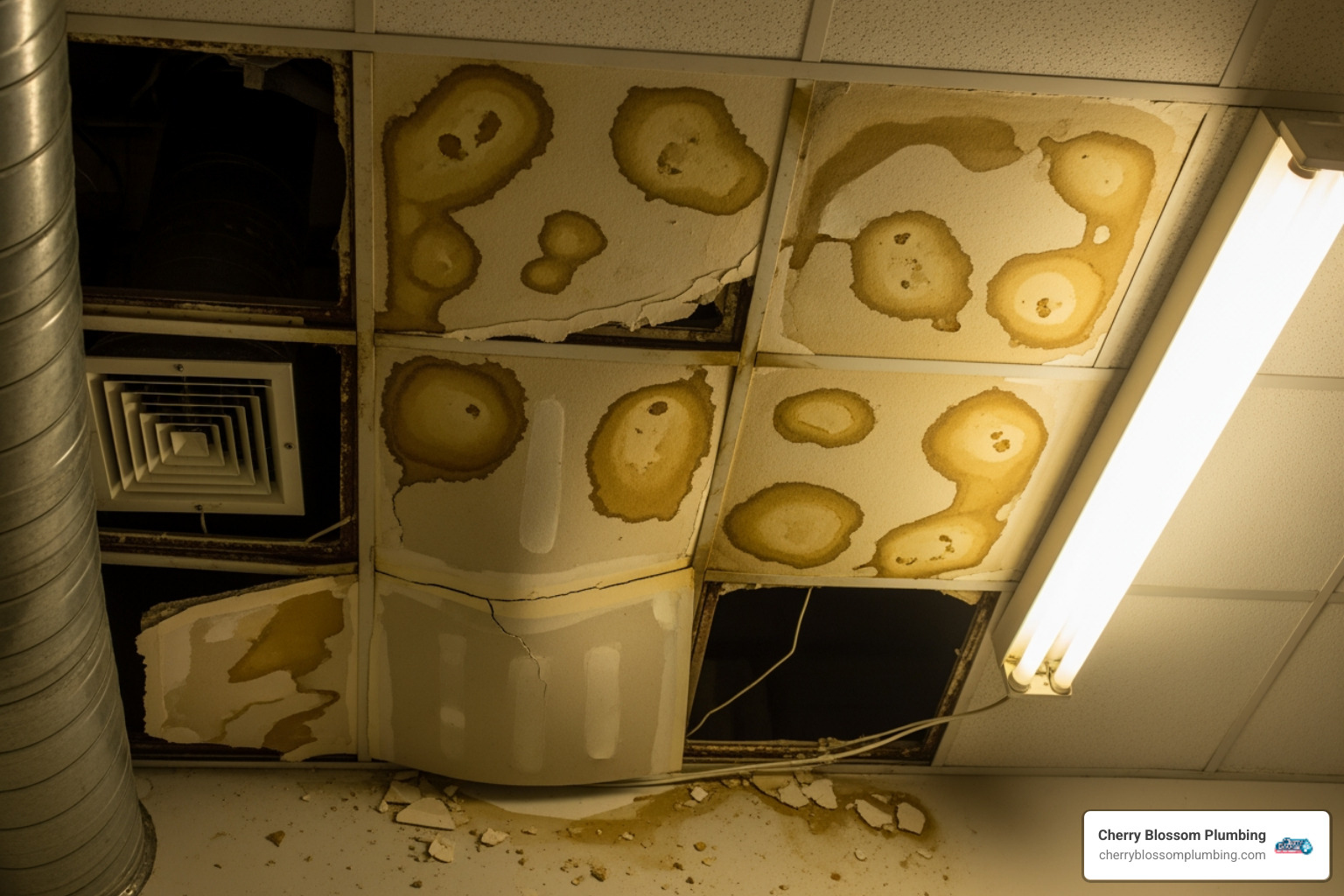 water damage on the ceiling of a commercial space - emergency plumber alexandria va