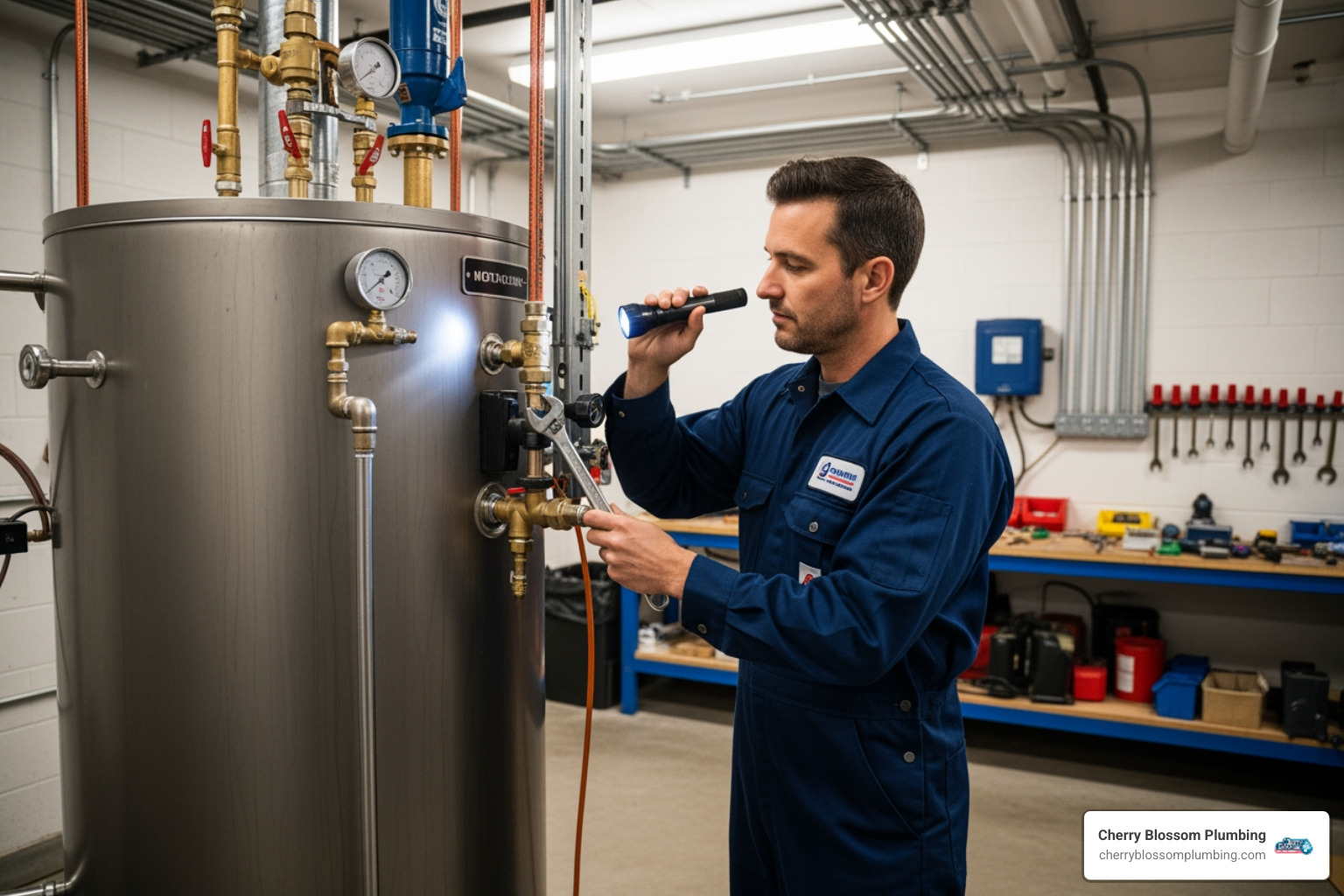 a plumber inspecting a commercial water heater - emergency plumber alexandria va