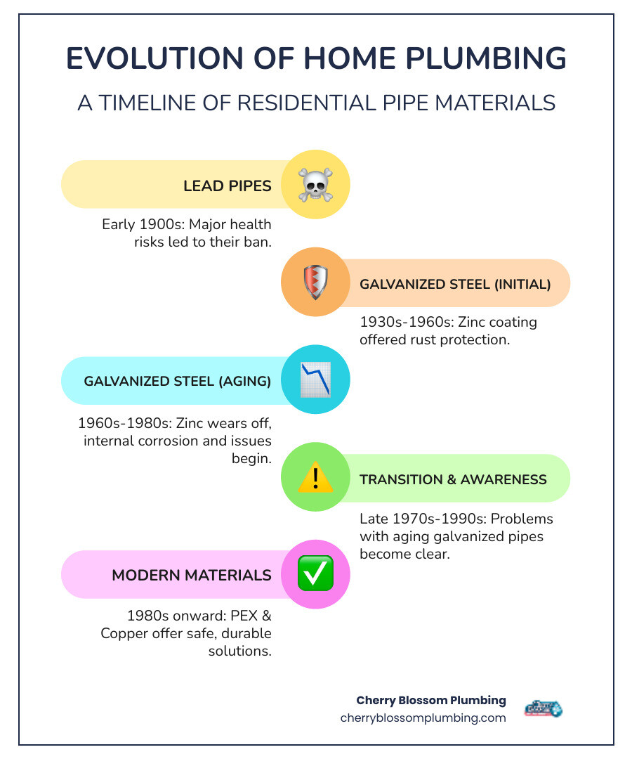 infographic showing the evolution of residential plumbing materials from lead pipes in early 1900s to galvanized steel from 1930s-1980s to modern PEX and copper from 1980s onward, with icons showing corrosion progression and typical lifespan ranges for each material type - replace galvanized pipes infographic infographic-line-5-steps-colors infographic showing the evolution of residential plumbing materials from lead pipes in early 1900s to galvanized steel from 1930s-1980s to modern PEX and copper from 1980s onward, with icons showing corrosion progression and typical lifespan ranges for each material type - replace galvanized pipes infographic infographic-line-5-steps-colors