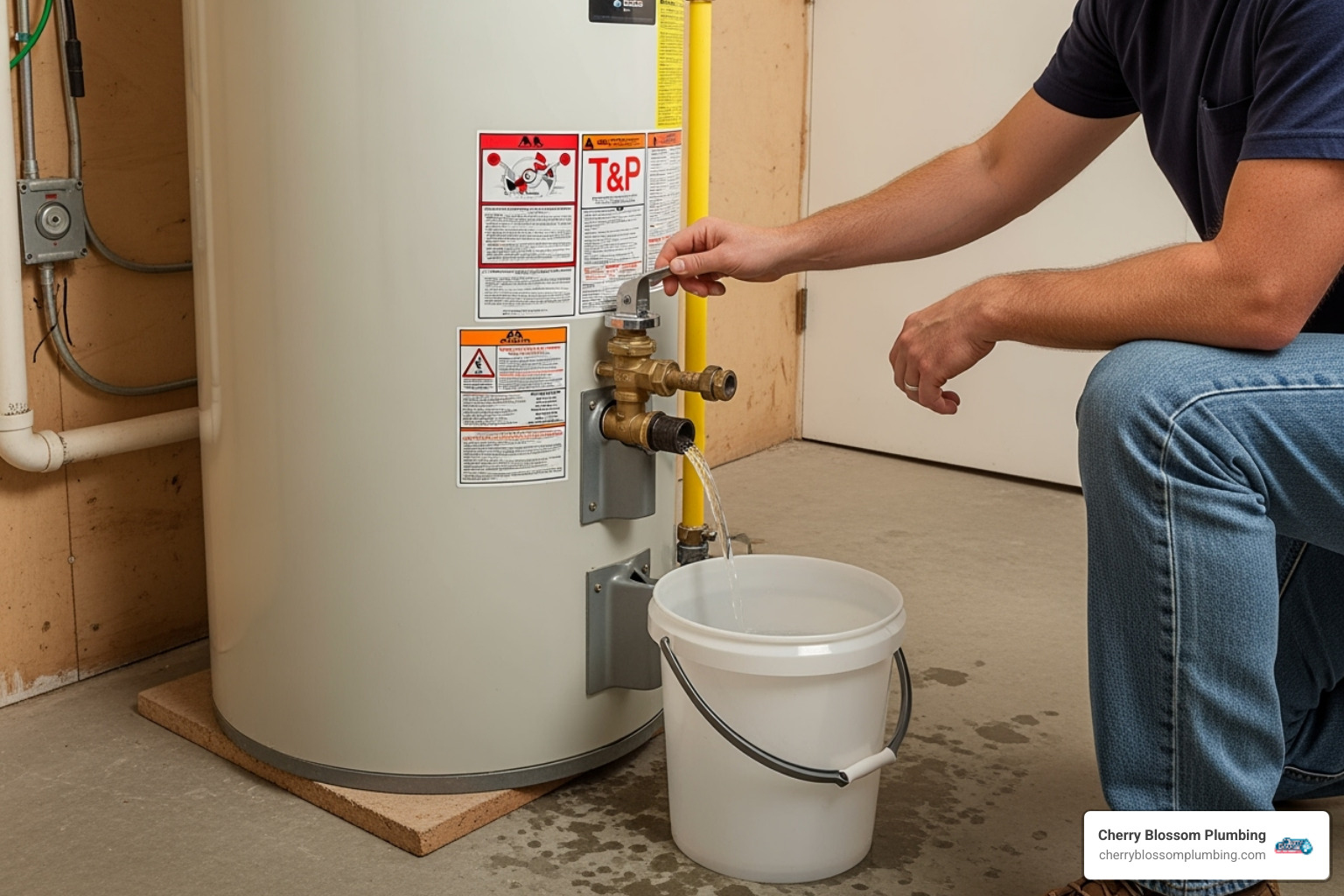 A homeowner safely checking the T&P valve on their water heater - water heater maintenance arlington