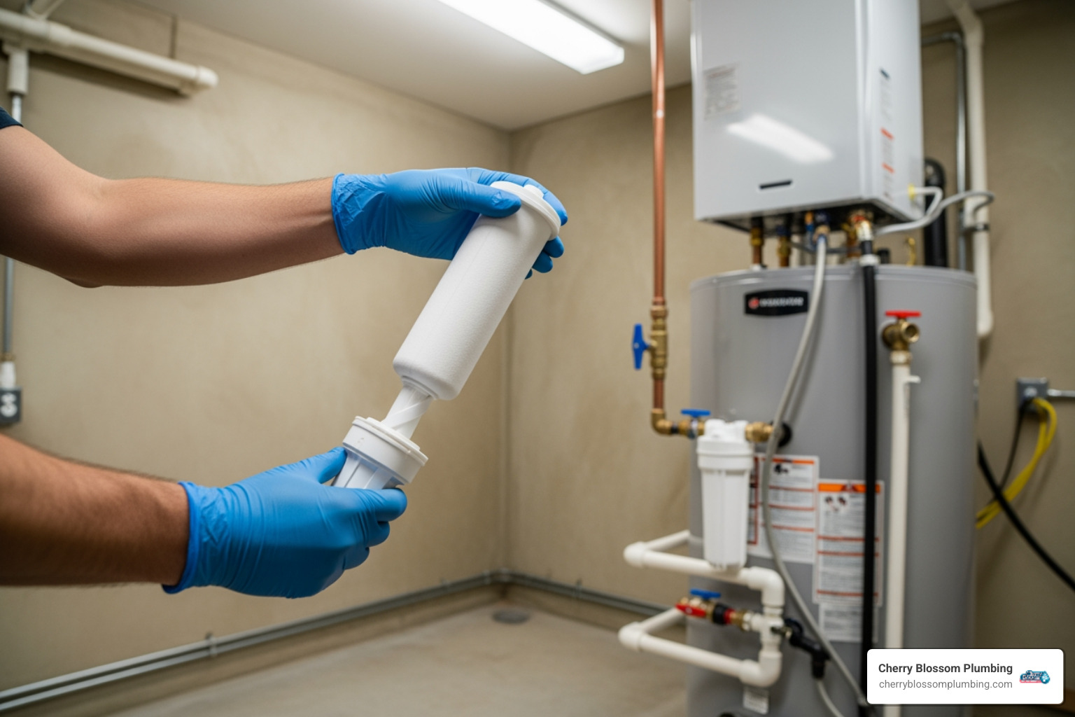 image of a person easily changing a water heater filter cartridge - water filter for water heater