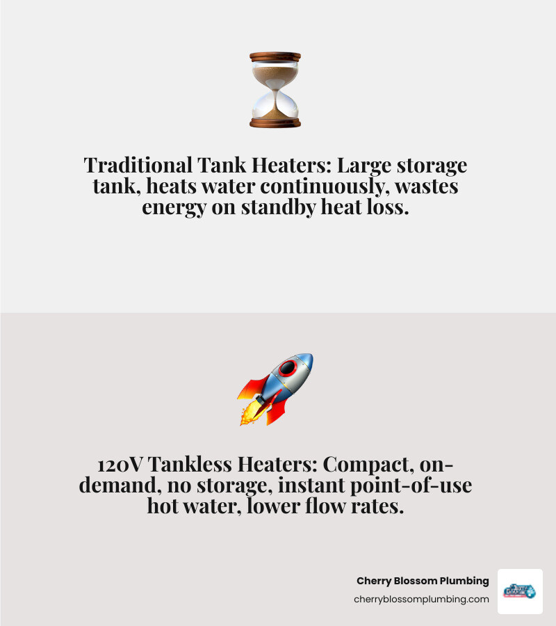 Infographic comparing traditional tank water heaters versus 120V tankless water heaters, showing tank heater with large storage tank and standby heat loss versus compact tankless unit with on-demand heating, no storage tank, point-of-use installation, lower flow rate, and instant hot water delivery - 120 volt tankless hot water heater infographic 2_facts_emoji_grey Infographic comparing traditional tank water heaters versus 120V tankless water heaters, showing tank heater with large storage tank and standby heat loss versus compact tankless unit with on-demand heating, no storage tank, point-of-use installation, lower flow rate, and instant hot water delivery - 120 volt tankless hot water heater infographic 2_facts_emoji_grey
