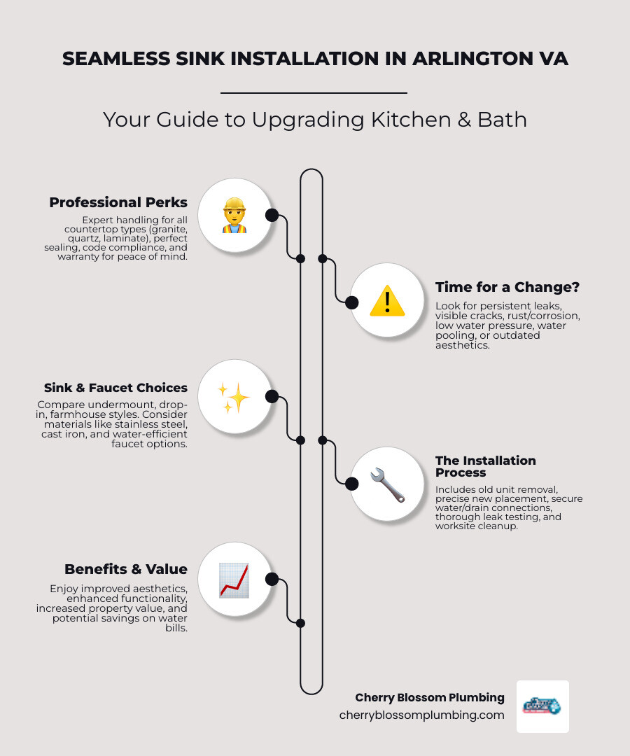 Comprehensive guide showing sink installation process, benefits of professional service including proper sealing and code compliance, comparison of sink types like undermount vs drop-in, and water efficiency improvements for Arlington VA homeowners - sink installation arlington va infographic infographic-line-5-steps-neat_beige Comprehensive guide showing sink installation process, benefits of professional service including proper sealing and code compliance, comparison of sink types like undermount vs drop-in, and water efficiency improvements for Arlington VA homeowners - sink installation arlington va infographic infographic-line-5-steps-neat_beige