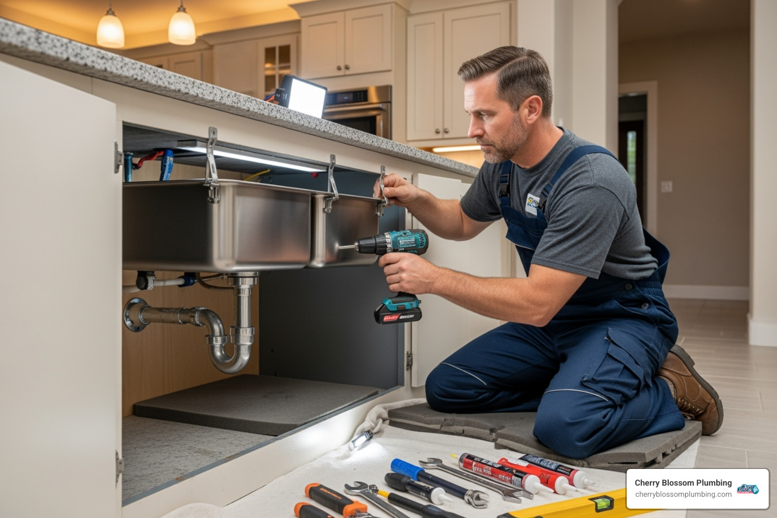 professional plumber carefully installing a new undermount sink on a granite countertop - sink installation arlington va professional plumber carefully installing a new undermount sink on a granite countertop - sink installation arlington va