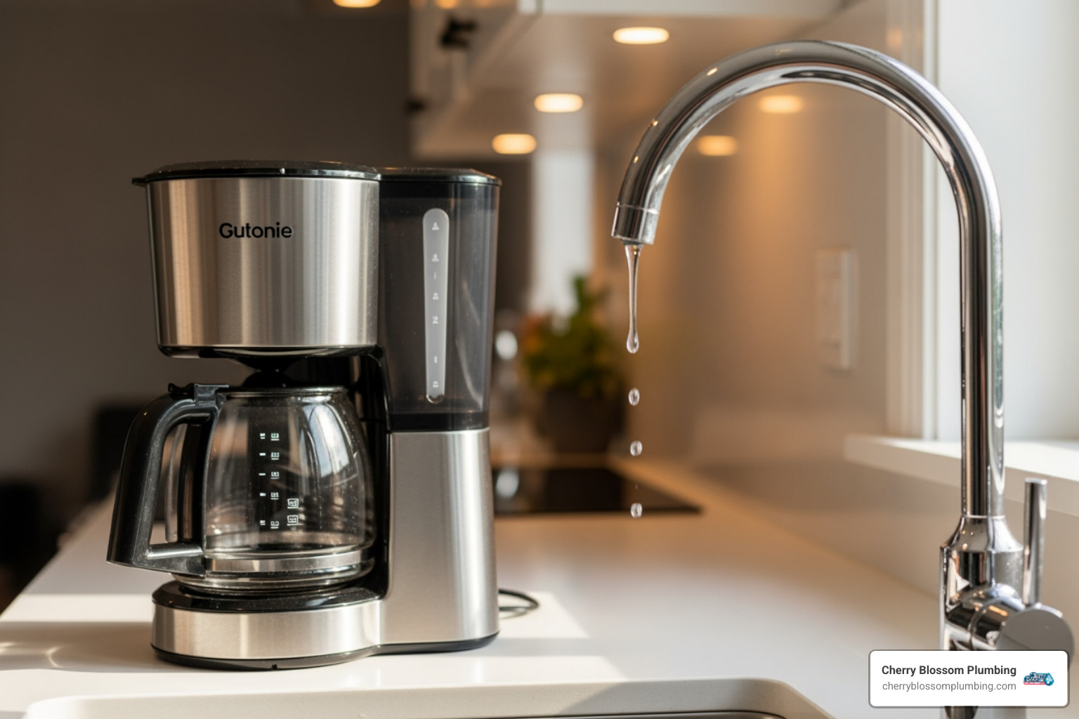 clean, shiny coffee maker next to a sparkling faucet - drinking water filtration northern va